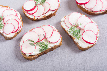 Healthy vegetable toasts sandwith with radish and dill