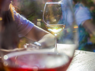 Friendly meeting with a glass of wine in the city cafe.