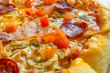 Tasty delicious pizza close-up.