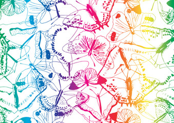 Colorful butterfly texture seamless pattern in rainbow gradient on white. Large group of messy butterflies with fun and happy colors for backgrounds, fashion, textile, wrapping paper and wallpaper
