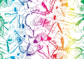Schilderijen op glas Colorful butterfly texture seamless pattern in rainbow gradient on white. Large group of messy butterflies with fun and happy colors for backgrounds, fashion, textile, wrapping paper and wallpaper © AgusCami