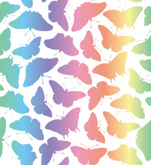 Fototapeta na wymiar Simple butterflies flying seamless pattern on white in rainbow gradient. Colorful collection of butterflies with fun and happy colors for backgrounds, fashion, textile, wrapping paper and wallpaper