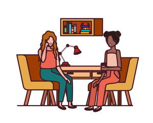 women sitting in the work office with white background