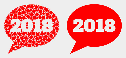 Dotted and flat 2018 message balloon icons. Vector mosaic of 2018 message balloon created of irregular rectangle elements and round elements.