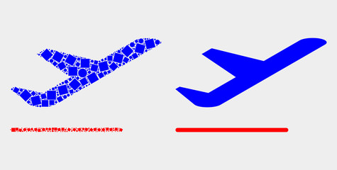 Pixel and flat airplane departure icons. Vector mosaic of airplane departure formed of randomized rectangle elements and circle dots.