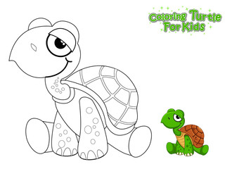 Vector Coloring The Cute Cartoon Turtle. Educational Game for Kids. Vector Illustration With Cartoon Style Funny Sea Animal