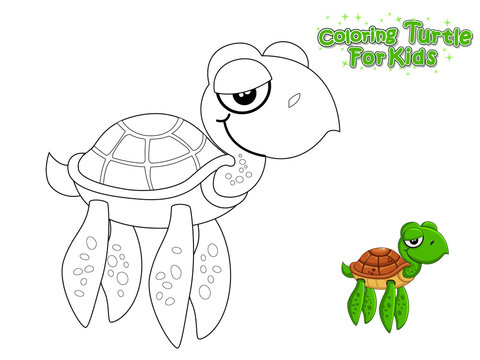 Vector Coloring The Cute Cartoon Turtle. Educational Game for Kids. Vector Illustration With Cartoon Style Funny Sea Animal