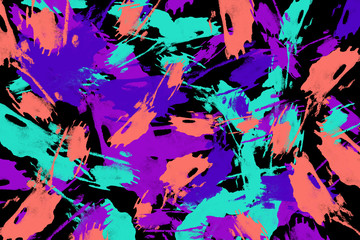 Fototapeta na wymiar Neon green, purple and coral random round paint splashes on black background. Abstract colorful texture.Modern art