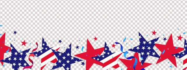 Fourth of July background. 4th of July holiday long horizontal border. USA Independence Day Decoration elements - confetti stars in national colors isolated on background.  - obrazy, fototapety, plakaty