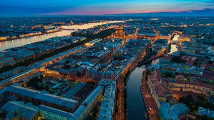 Saint-Petersburg. Russia. Evening panorama of St. Petersburg. Petersburg map. High-rise panorama of night streets. Neva River. City landscape. Architecture of St. Petersburg. Russian cities.