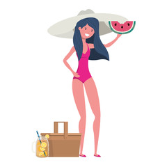 woman with swimsuit and portion of watermelon in hand