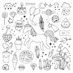 unicorn magic design element hand draw set