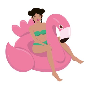 Girl on an inflatable flamingo. Summer illustration. Vector image isolated on white background.