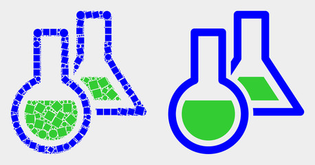 Dotted and flat chemical glassware icons. Vector mosaic of chemical glassware created of scattered dots and spheric points.