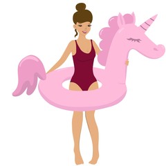 Girl with an inflatable unicorn. Summer illustration. Vector image isolated on white background.