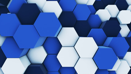 3d render abstract colorful many technical geometric hexagons as a wave white and blue background. lights ray shine glow beam