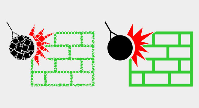 Pixel and flat crush the wall icons. Vector mosaic of crush the wall created of randomized square dots and round items.