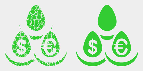 Pixel and flat currency deposit eggs icons. Vector mosaic of currency deposit eggs constructed of irregular rectangle elements and round pixels.