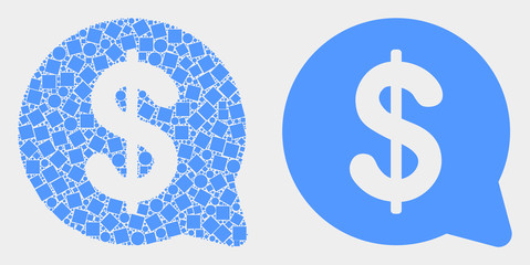 Dot and flat dollar message balloon icons. Vector mosaic of dollar message balloon combined of irregular rectangle elements and spheric pixels.