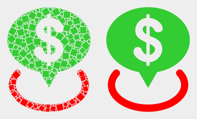 Pixel and flat dollar placement icons. Vector mosaic of dollar placement composed of irregular dots and round points.