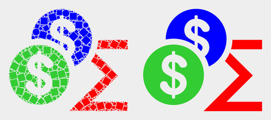 Dotted and flat dollar sum icons. Vector mosaic of dollar sum constructed of irregular small rectangles and round elements.