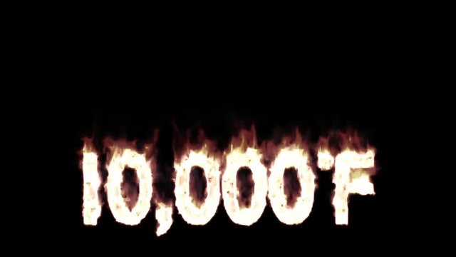 Animated burning or engulf in flames all caps text 10000 Degree Fahrenheit. Isolated and against black background, mask included.