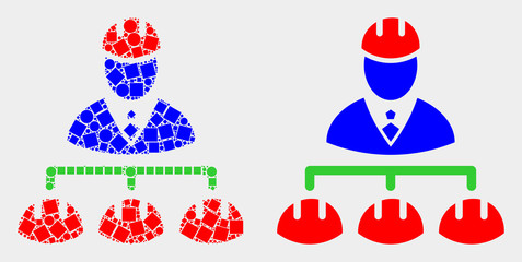 Dot and flat engineer hierarchy icons. Vector mosaic of engineer hierarchy constructed of random square dots and spheric dots.
