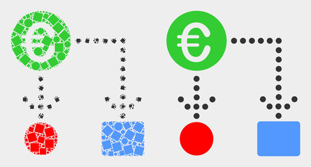 Dotted and flat euro cash flow icons. Vector mosaic of euro cash flow composed of random small rectangles and circle pixels.