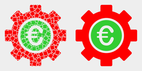 Pixel and flat euro gear icons. Vector mosaic of euro gear constructed of irregular rectangle elements and spheric items.