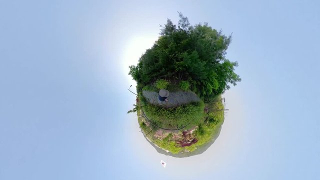 Ansan, South Korea - 12 June 2019 Artificial waterfall and Fountains in Ansan Nojeokbong Park edited by Gopro Fusion 360 Little Planet view.