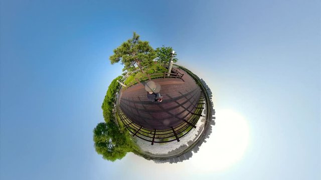 Ansan, South Korea - 12 June 2019 Pathway in Ansan Hwarang Recreation Area edited by Gopro Fusion 360 Little Planet view.
