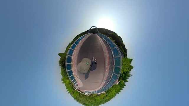 Ansan, South Korea - 12 June 2019 Artificial waterfall and Fountains in Ansan Nojeokbong Park edited by Gopro Fusion 360 Little Planet view.