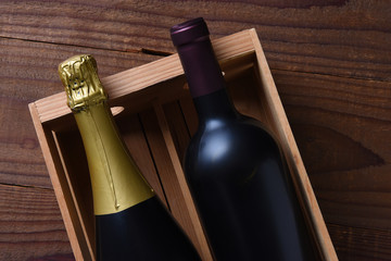 Champagne and Cabernet Sauvignon wine bottle in a wood gift box