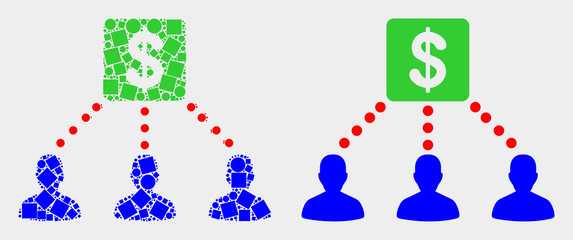Dot and flat financial clients links icons. Vector mosaic of financial clients links formed of irregular square pixels and round pixels.