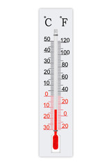 Meteorology thermometer isolated on white background. Thermometer shows air temperature minus 12 degrees celsius