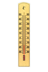 Wooden celsius scale thermometer isolated on white background. Thermometer shows air temperature...