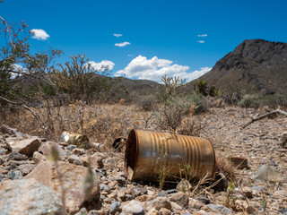 A rusting tin can in the desert wilderness near Goodsprings, Nevada