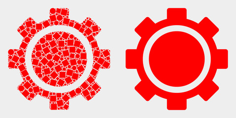 Pixel and flat gear icons. Vector mosaic of gear created of random square dots and spheric dots.