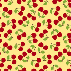 Cherry seamless pattern. Red berry. Fashion design. Food print for kitchen tablecloth, curtain or dishcloth. Hand drawn doodle wallpaper. Vector sketch background