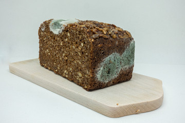 moldy rye bread lies on a wooden board
