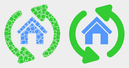 Pixel and flat home refresh arrows icons. Vector mosaic of home refresh arrows constructed of random square elements and round elements.
