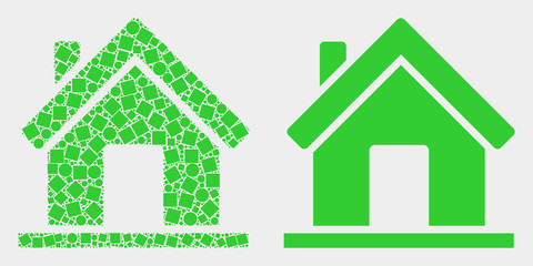 Pixel and flat home icons. Vector mosaic of home formed of randomized dots and round dots.