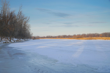 Winter landscape. Frozen river, forest in the distance, dry sedge and blue cloudy sky