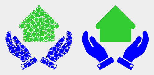 Dot and flat house care hands icons. Vector mosaic of house care hands constructed of random square pixels and round pixels.