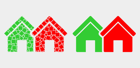 Dot and flat houses icons. Vector mosaic of houses organized of randomized square pixels and round pixels.