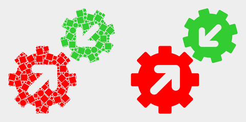 Dotted and flat integration gears icons. Vector mosaic of integration gears created of irregular rectangle elements and round points.
