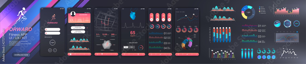 Poster Ready fitness application UI,UX,KIT.  6 screens and a collection of infographics and graphs. Various GUI design elements. Fitness app screens in flat style with charts and infographic. UI dashboard