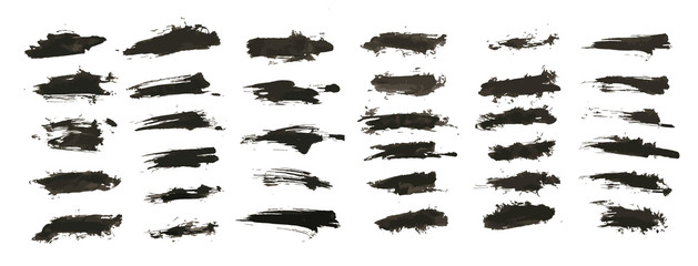 Ink splashes. Vector Brushes, black inked splatter dirt stain splattered spray splash with drops blots isolated grunge silhouette set. Vector collection