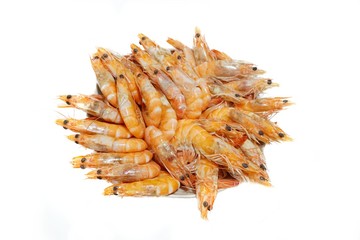 Top view of steamed shrimp isolated on white background, Ready to serve or eat, selective focus