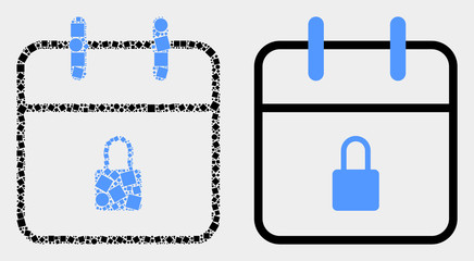Dot and flat lock calendar page icons. Vector mosaic of lock calendar page constructed of random square pixels and spheric elements.